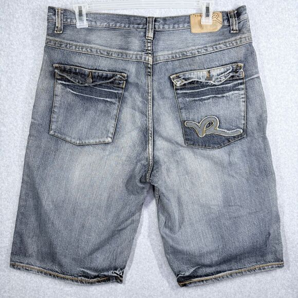 RocaWear Jean Shorts Men 38 Blue Med Wash Whiskering Wide Baggy Hip Hop Y2K - Picture 2 of 14